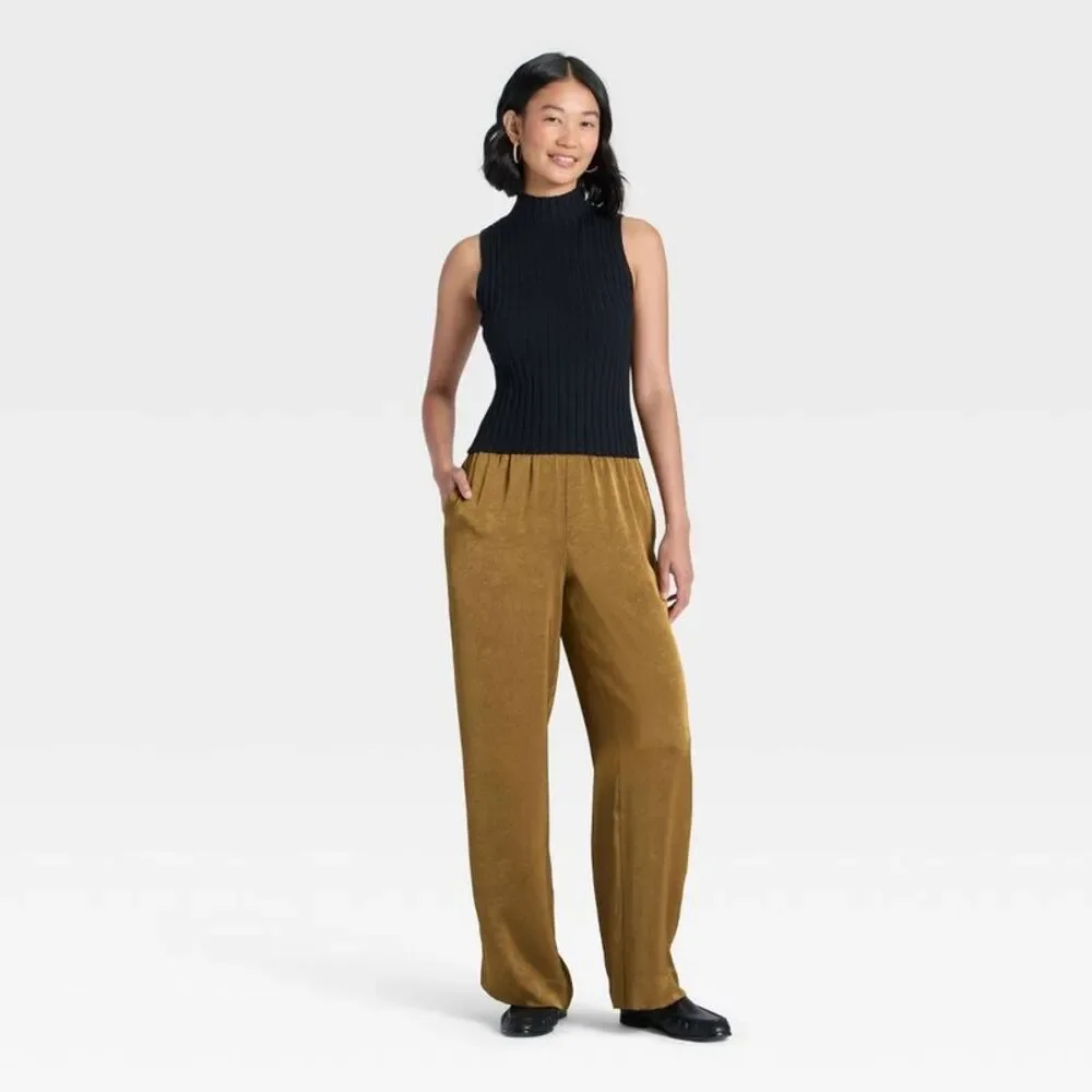 Women's Crinkled Satin Pull-On Pants - A New Day Brown XS